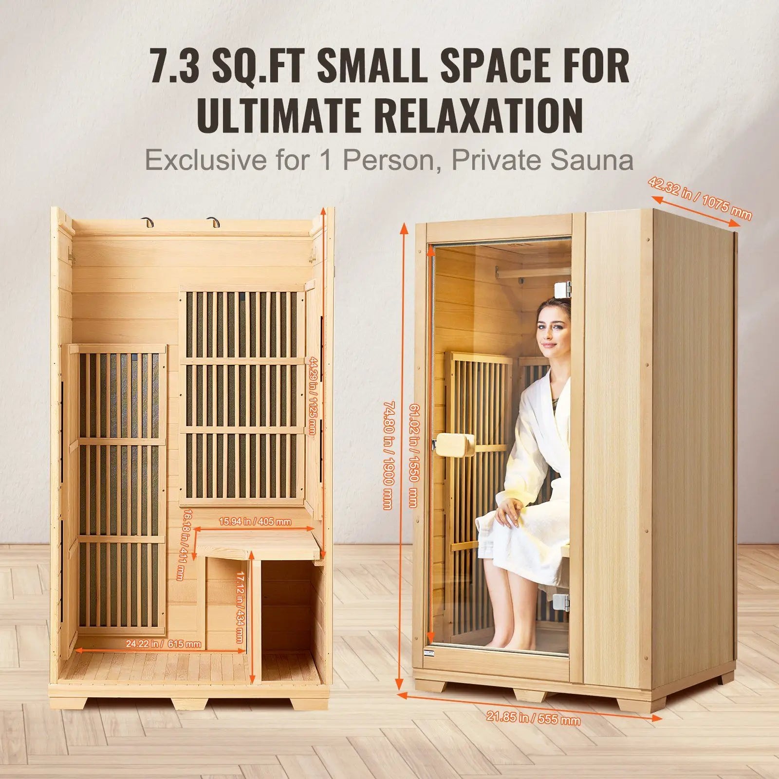 Single Person Home Sauna Spa 1140W Indoor Use Far Infrared LED Reading Lamp Bluetooth Speakers Tempered Glass Door Hemlock Wood