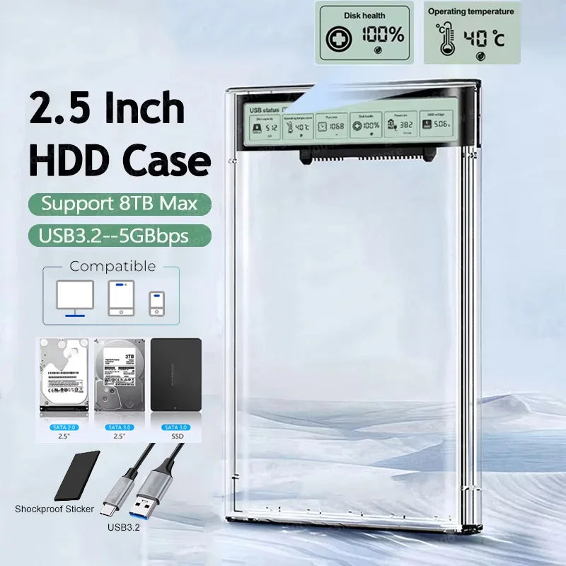 2.5'' HDD SSD Case Smart Display External HDD Enclosure USB3.2 Gen2 Hard Drive Clear Portable Storage Case for Laptop PC