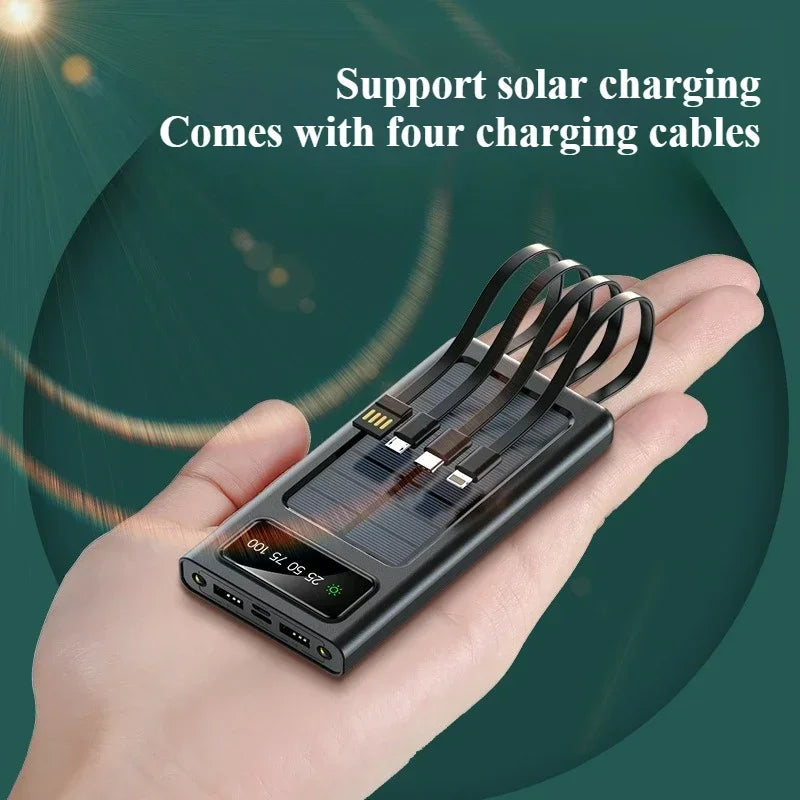 New 20000mAh Solar Power Bank Large Capacity Mobile Power Fast Charging Battery with Dual USB 4 Cables for IPhone Samsung Xiaomi