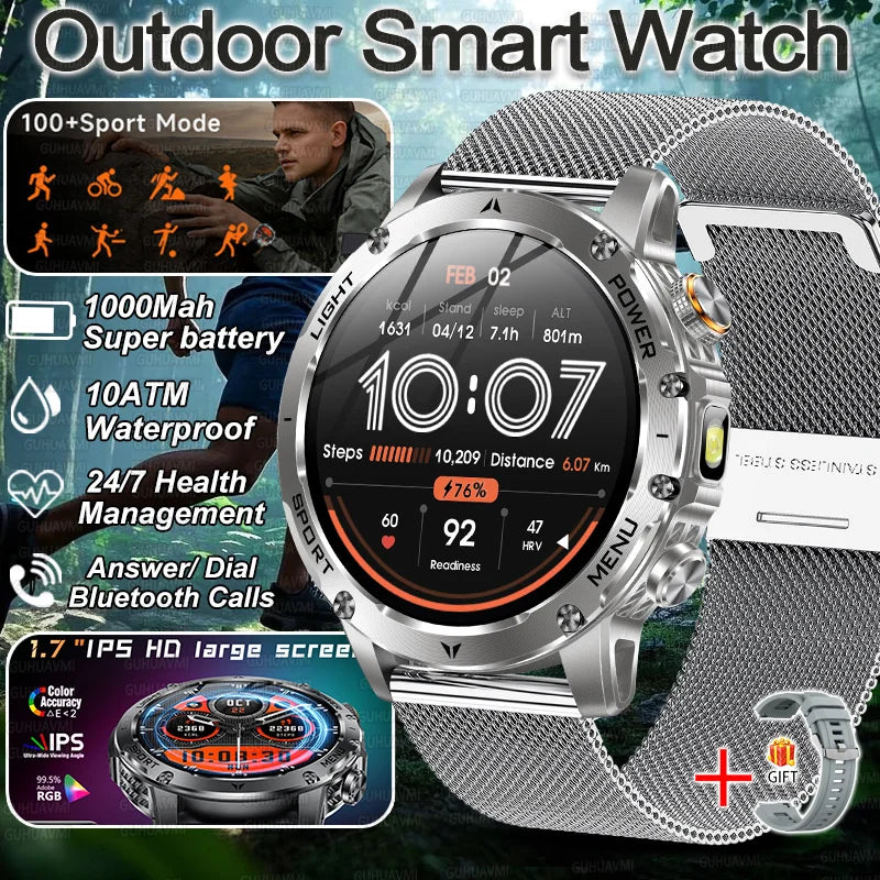2025 New Military Smart Watch 1000Mah Battery Fitness Tracking 10ATM Waterproof Tactics Sport Flashlight call Bracelet For Men