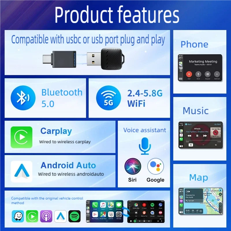 Wireless CarPlay/Android Auto Adapter Wired To Wireless, 5GHz WiFi5,USB/type-c Plug and Play, for 99% Wired CarPlay/Auto Cars