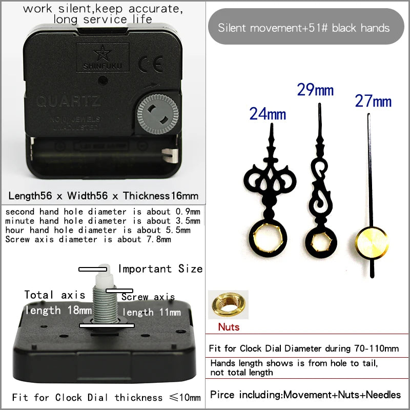 Clock Mechanism With Hands Silent Plastic DIY Accessory Kits Sweep Quartz Movement