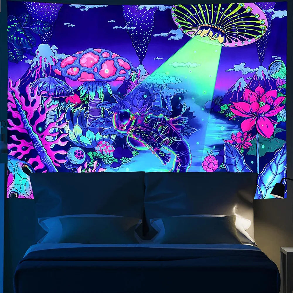 Neon Blacklight Tapestry UV Reactiv Alien DJ Tapestry Glow In The Dark Bohemian Elegance for Artful Wall Hanging and Home Décor