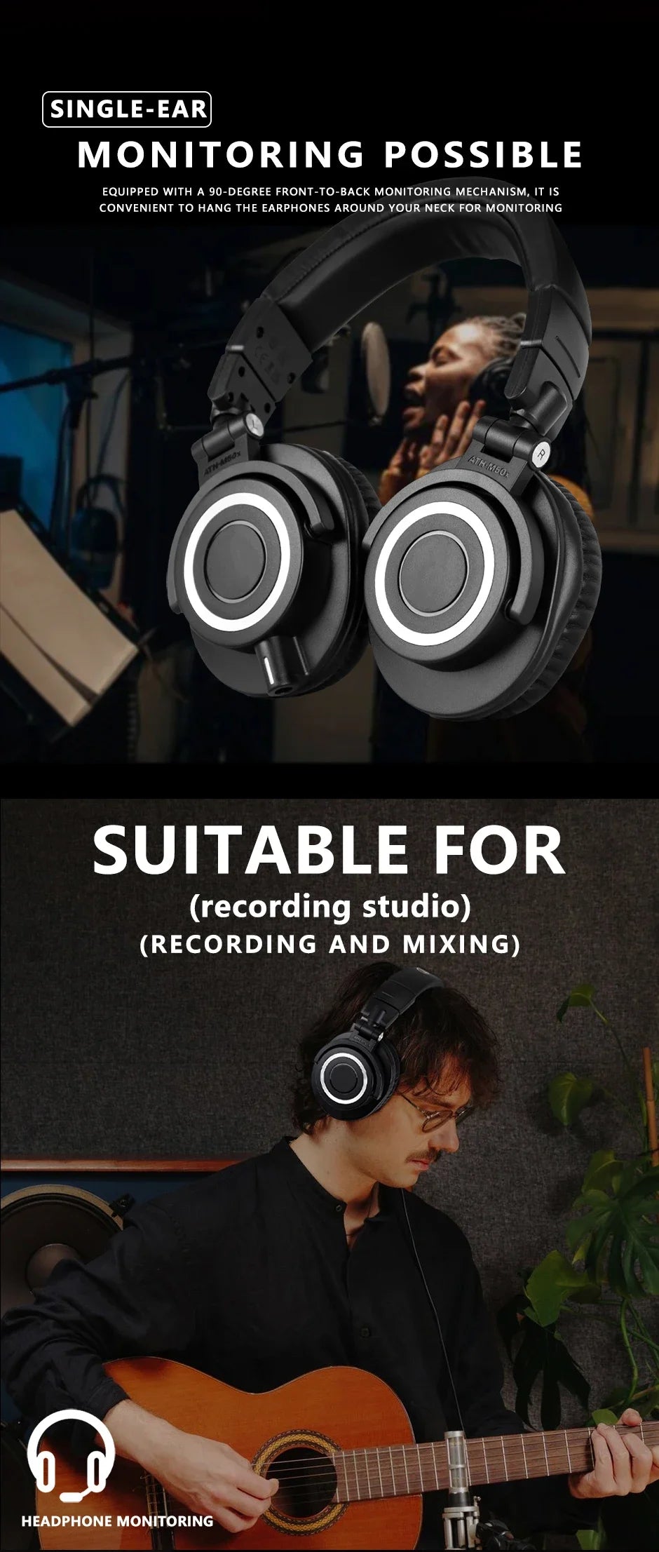 ATH-M50X Closed-Back Studio Monitor Headphones with 45mm Drivers and High-Fidelity Audio for Recording and Mixing Earphone