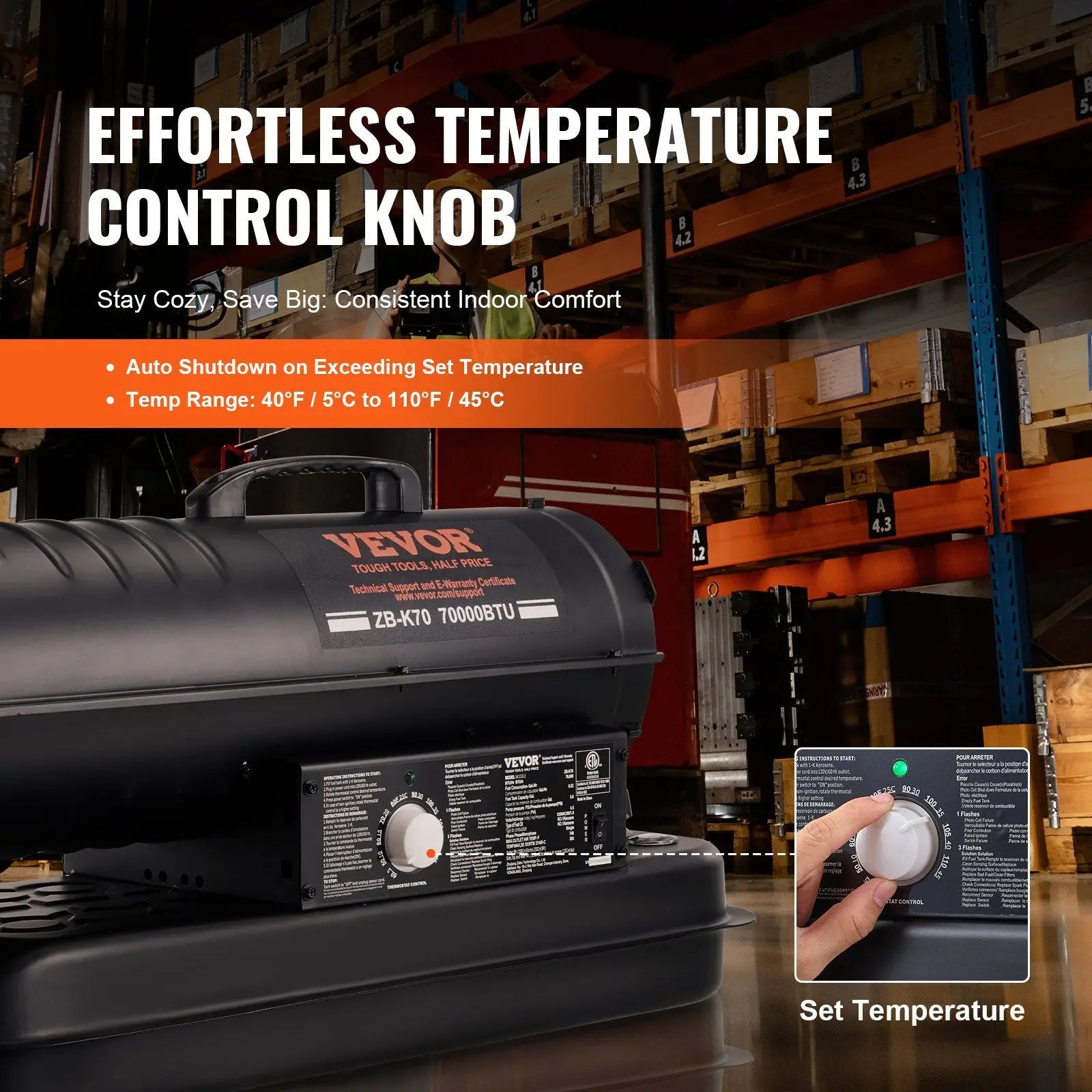 Kerosene Forced Air Heater, 70000 BTU Portable Torpedo Diesel Space Heater with Thermostat, 5 Gallon Tank Energy-Efficient heavy