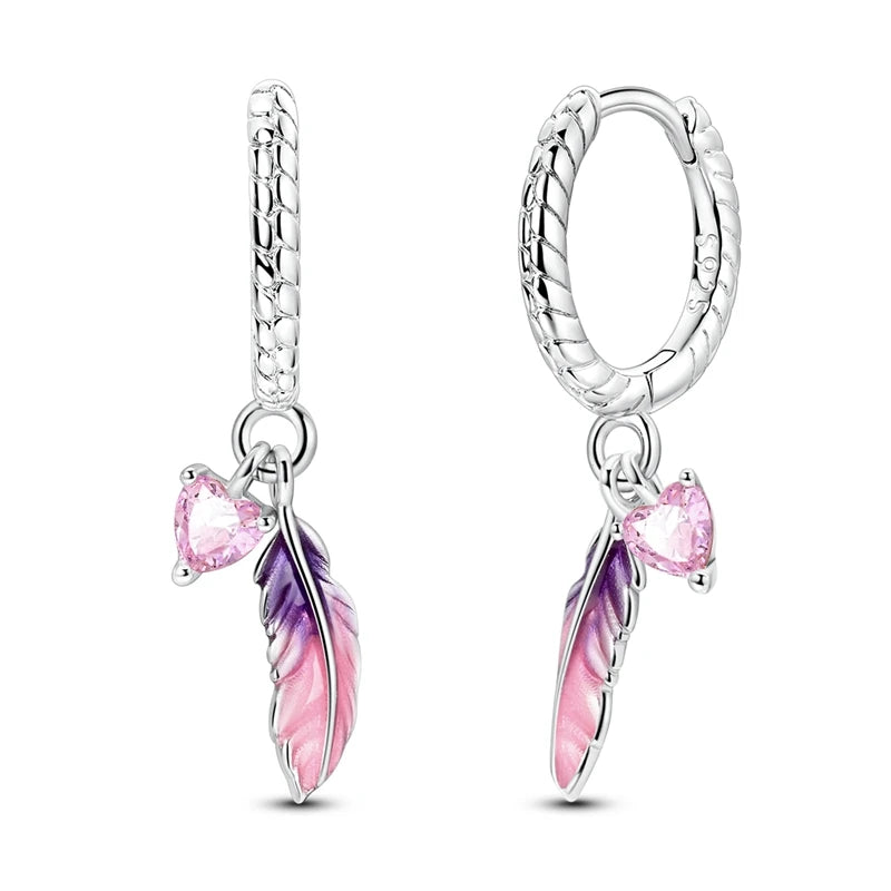925 Sterling Silver Earrings Bohemian Colorful Feather Hoops Earrings With Zircon for Women Wedding Party Fashion Jewelry Gifts
