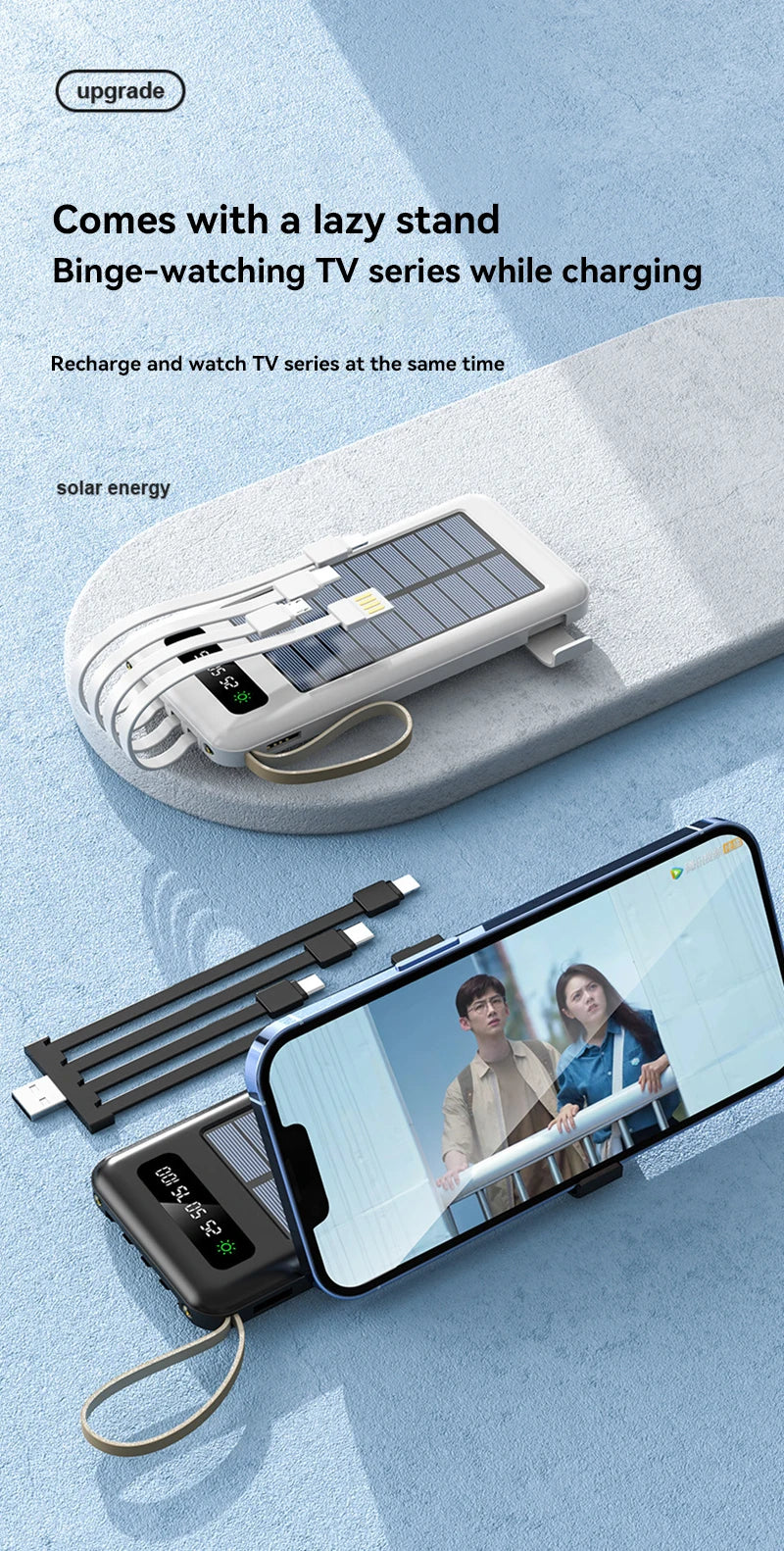 Solar Power Bank 50000mAh Large Capacity Mobile Power Fast Charging Battery Dual Usb 4 Cables LED Digital Display For IPhone