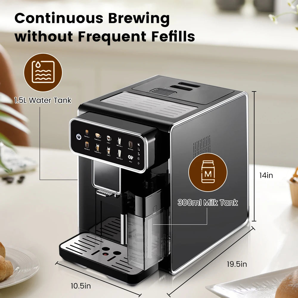 Mcilpoog AM7203 Automatic Espresso Machine ，Built-In Milk Frother & Tank, 7 Coffee Varieties, Touchscreen