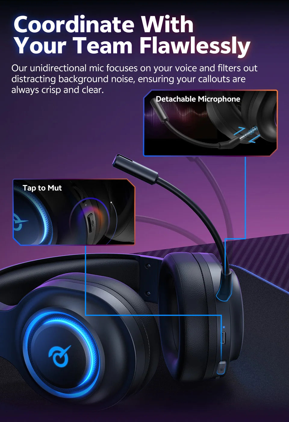 QCY Heroad V200 Gaming Headset Bluetooth 6.0 with Mic 50mm Driver 7.1 Surround Sound RGB Over Ear Headphones for PC Laptop PS4/5