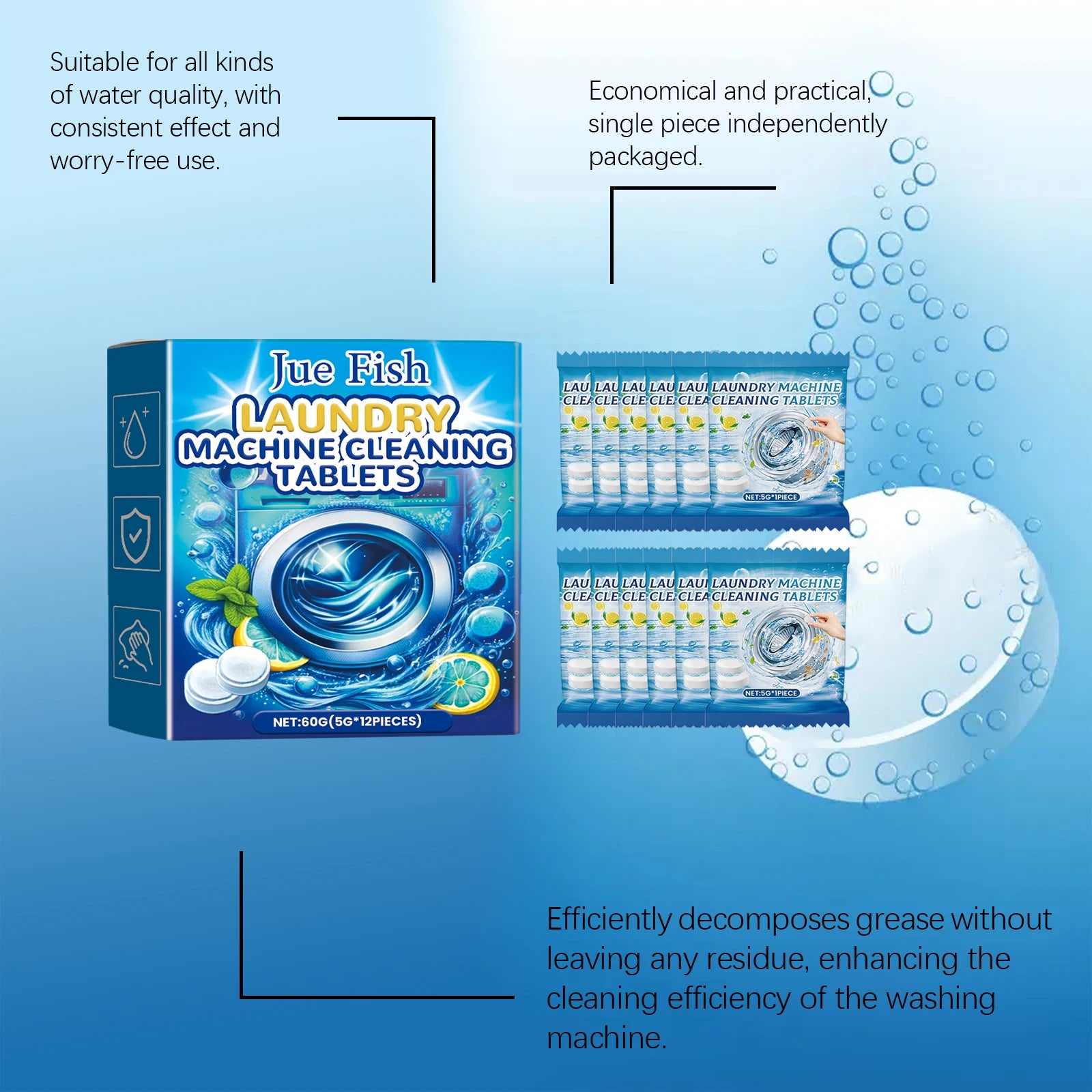 12PCS Washing Machine Cleaning Effervescent Tablets Deeply Cleans Stubborn Dirt Eliminates Odors Mild No Residue For All Models