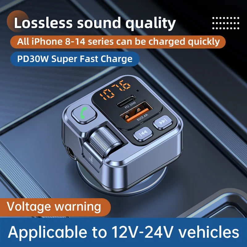 Car FM Transmiter Bluetooth Receiver USB U Disk Read PD30W Fast Charging Car Mobile Phone Adapter  Support AUX audio input