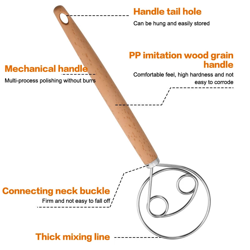 1PCS 10 Inch Creative Hand Blender DIY Danish Bread Stainless Steel Bakeware Dough Whisk Egg Beater Mixer Tool Wood Handle