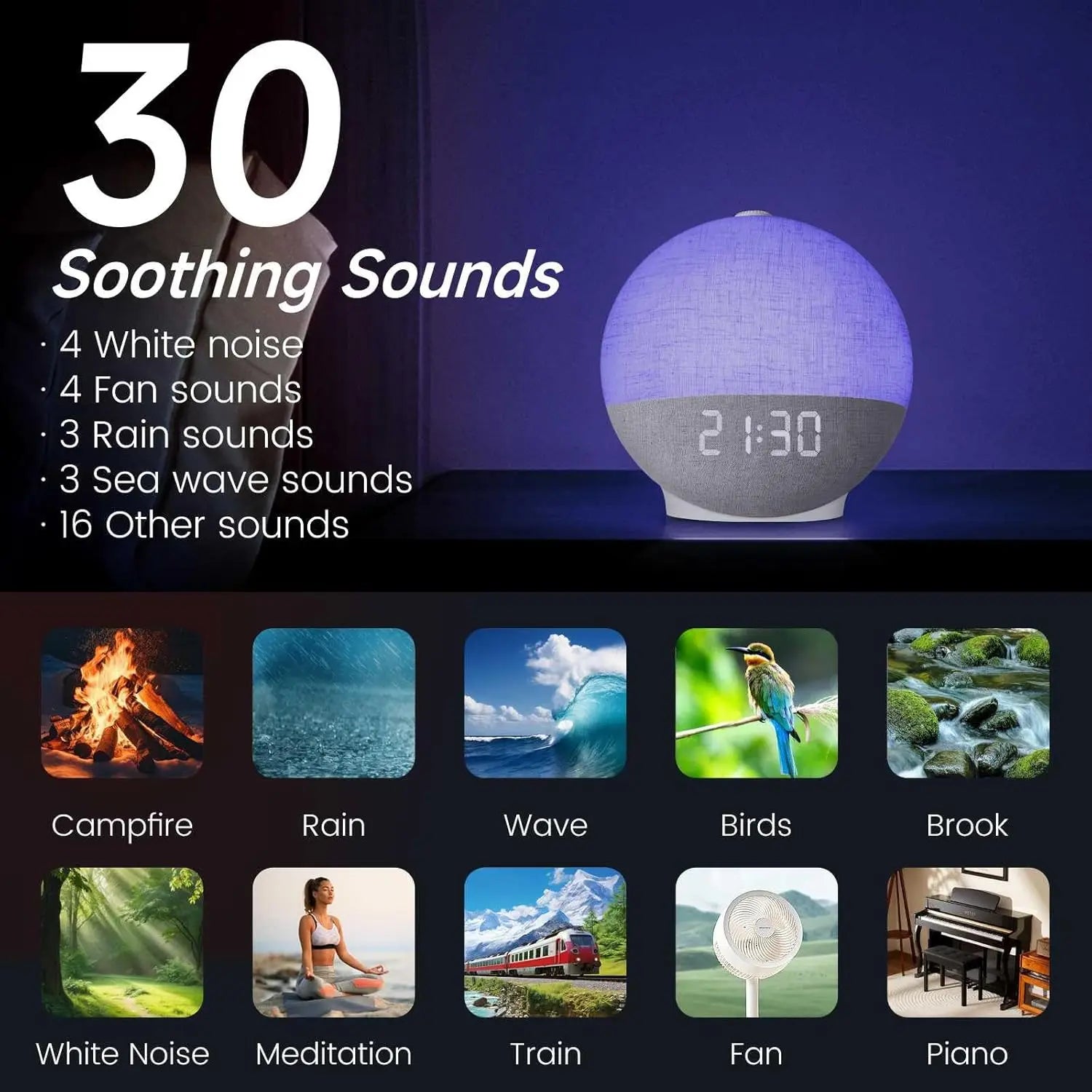 Smart Wake Up Light Sunrise Alarm Clock White Noise Machine Bluetooth Speaker with 30 Sleep Sound for Heavy Sleeper Perfect Gift