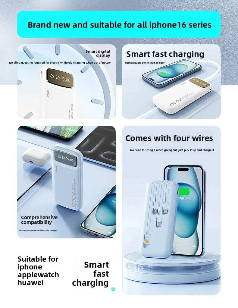 CCC Certified 10000mAh 20000mAh Power Bank Built in Type C Cable Ultra Thin Digital Display Portable External Battery Powerbank