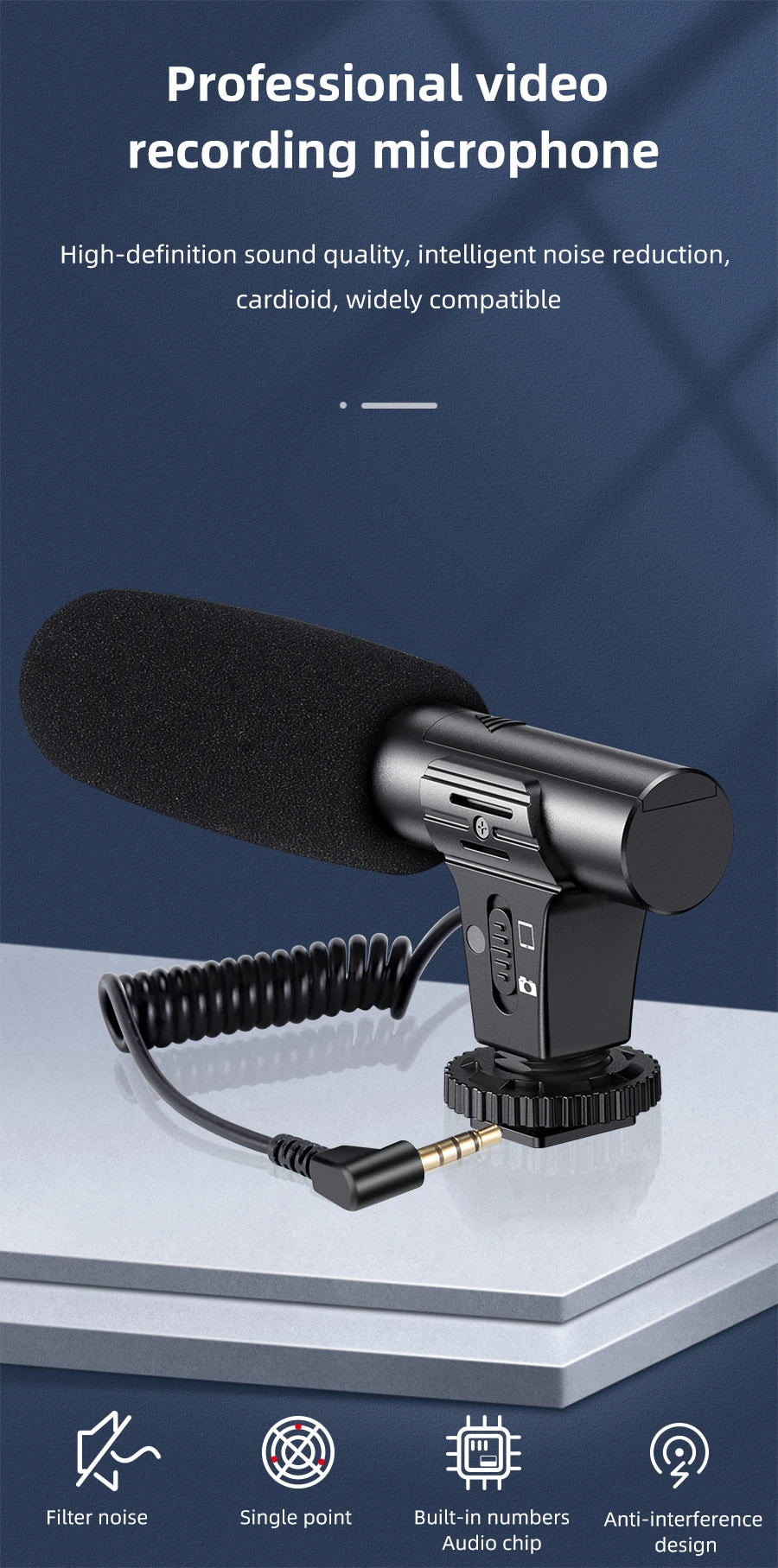 MAMEN Video Recording Microphone with Long Spring Cable Plug and Play for Phone SLR Camera for Vlog Interview Podcast Microfone