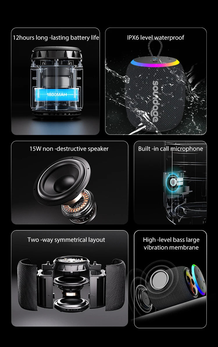 Soundage Portable Wireless Bluetooth Speaker 360 Degree Stereo Surround Subwoofer IPX6 Waterproof Support TF TWS Speaker