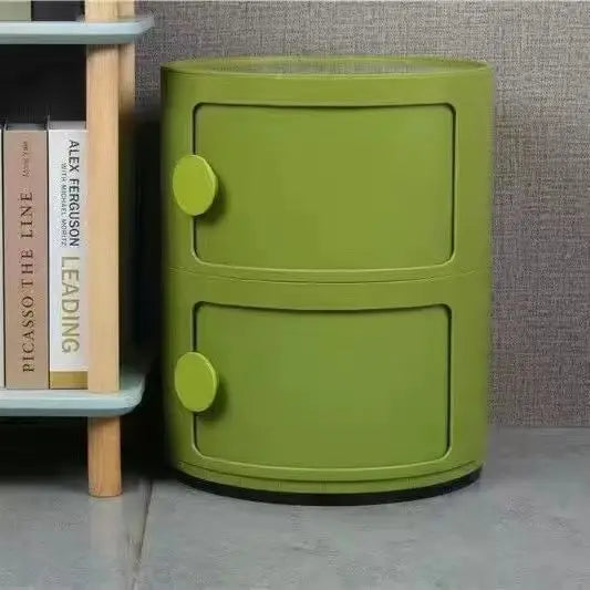 Plastic Round Nightstand Bedside Table Cabinet with Sliding Doors Round Storage Bedside Cabinet Nightstand  for Living Bedroom