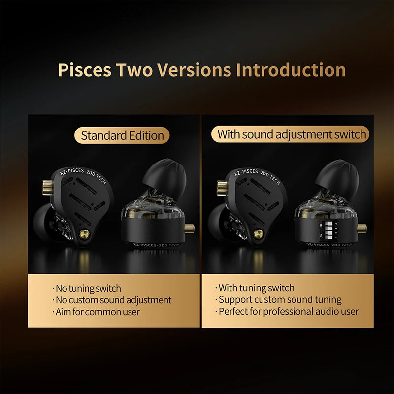 KZ Pisces 2DD Dynamic Drive Earphones Adjustable Earbuds HIFI In Ear Wired Gaming Earphones 2PIN 3.5MM Type-c Plug Cable