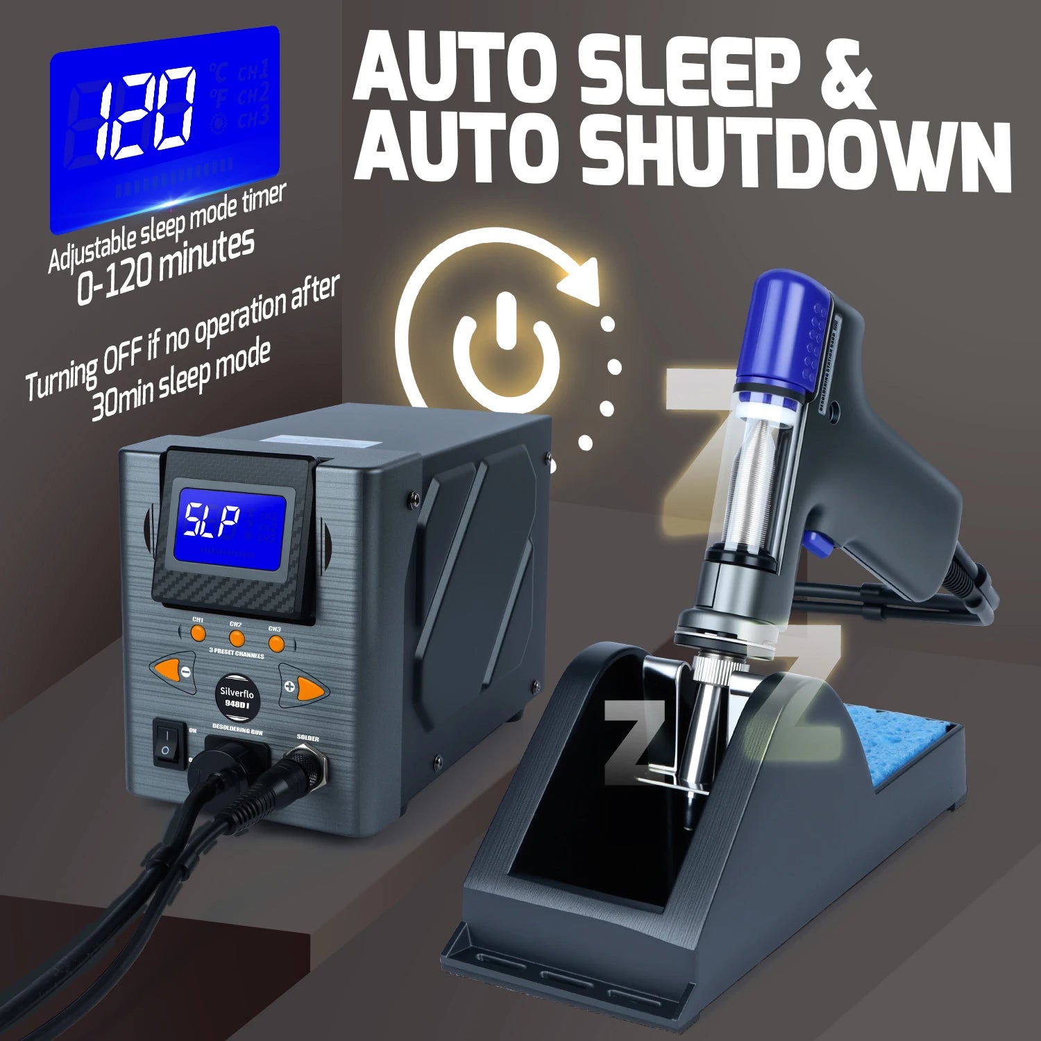 Silverflo Desoldering Station 110W Desoldering Gun Suction Tin Gun Vacuum Solder Sucker Station with Sleep Mode 948D-I