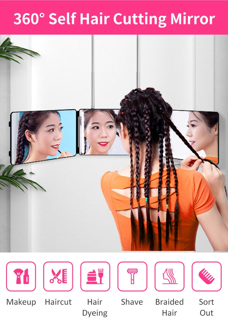3 Way Haircut Mirror 360 Mirror with LED Lights Door-Hanging Design with Hook Perfect for Makeup Self Hair Cutting Portable Fold