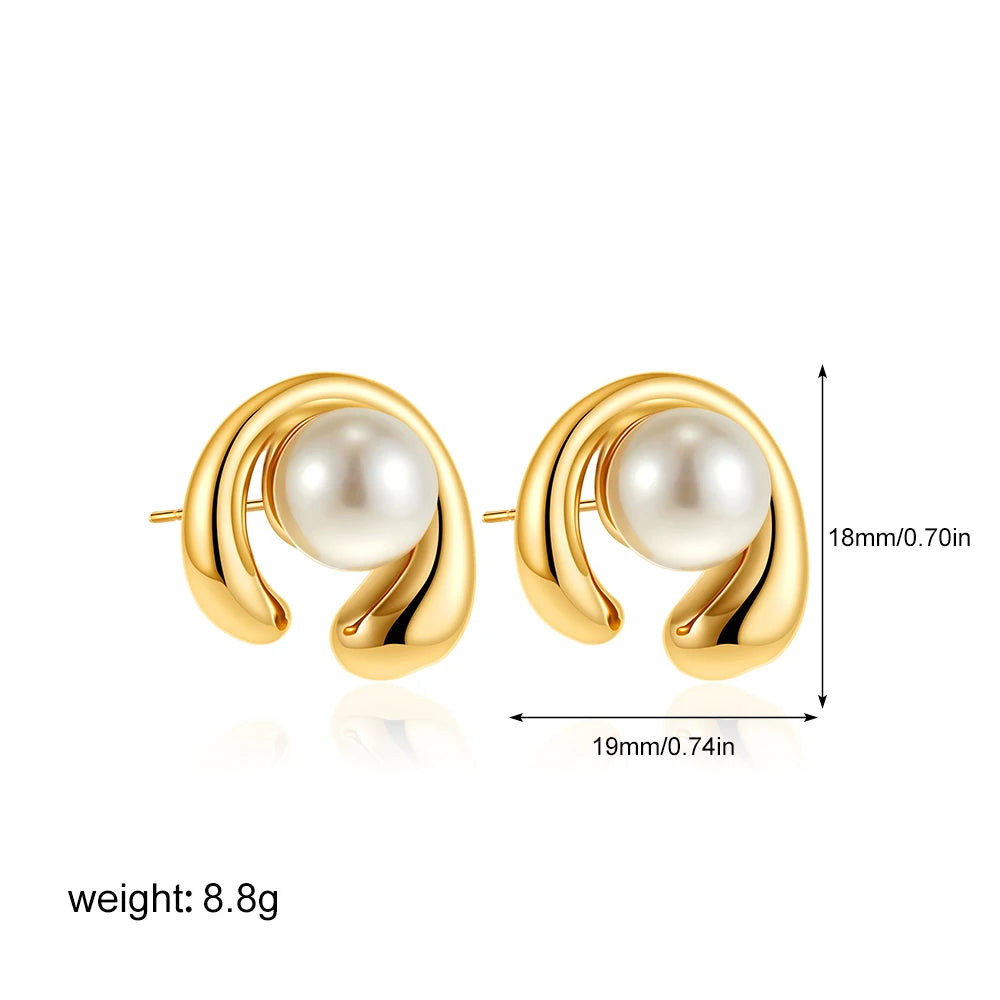 Fashion Stainless Steel Pearl Earrings for Women Texture Geometric Irregular Round Metal Stud Earring Trendy Jewelry Gift