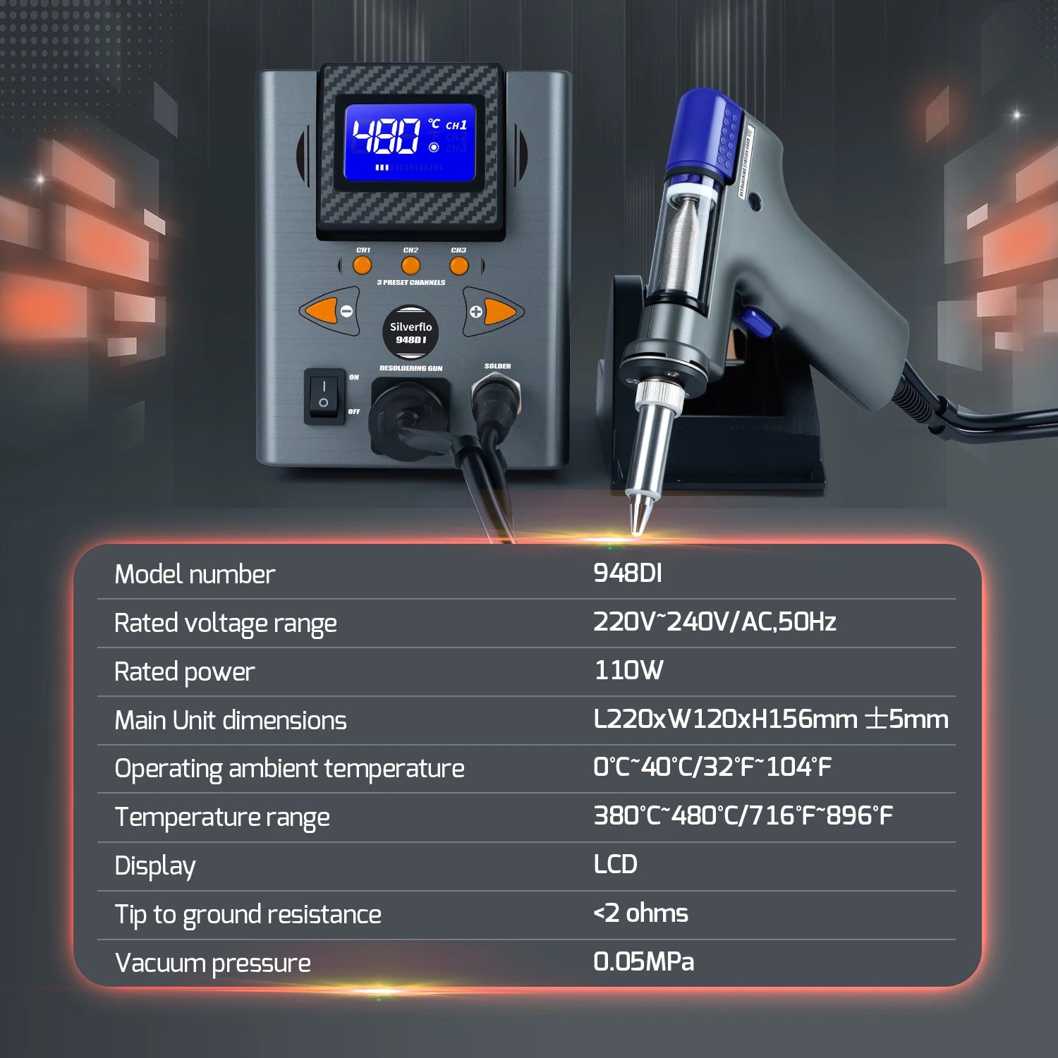 Silverflo Desoldering Station 110W Desoldering Gun Suction Tin Gun Vacuum Solder Sucker Station with Sleep Mode 948D-I