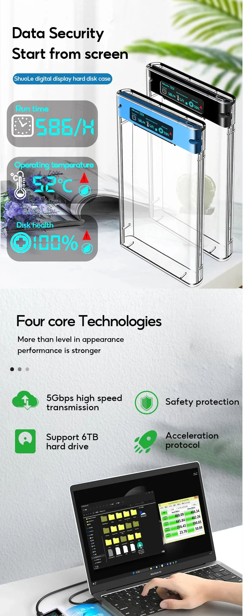 Smart Display HDD Case 2.5 Inch Transparent HDD Enclosure SATA to USB 3.0 External Shell SATA HDD SSD Storage Case for Laptop PC