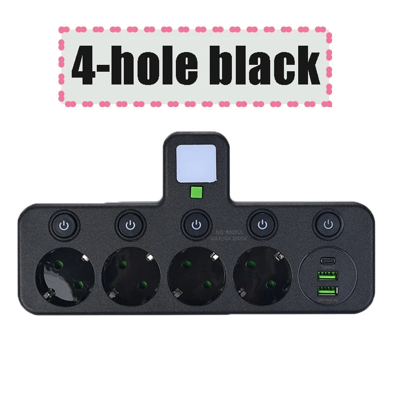 Wireless Wall Charger Socket with 3 AC Outlets +2 USB Ports+ 1 Type C 6-in-1 Plug Socket EU Plug Fast Charging power board