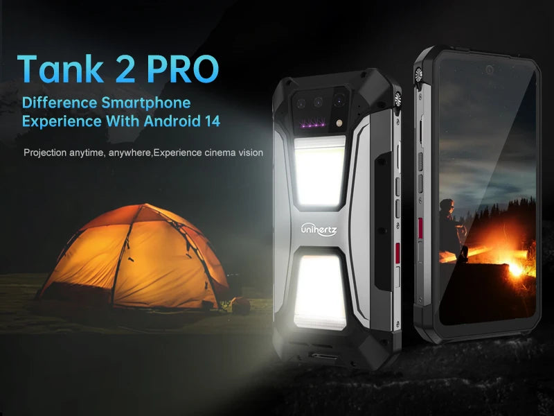Unihertz Tank 2 PRO 8849 Rugged Smartphone with Projector 2.4K 23800 mAh 24GB+512GB Mobile Phone Android 14 100MP NFC Cell Phone