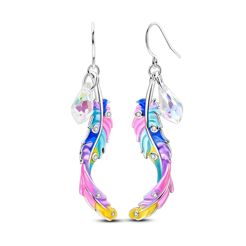 925 Sterling Silver Earrings Bohemian Colorful Feather Hoops Earrings With Zircon for Women Wedding Party Fashion Jewelry Gifts