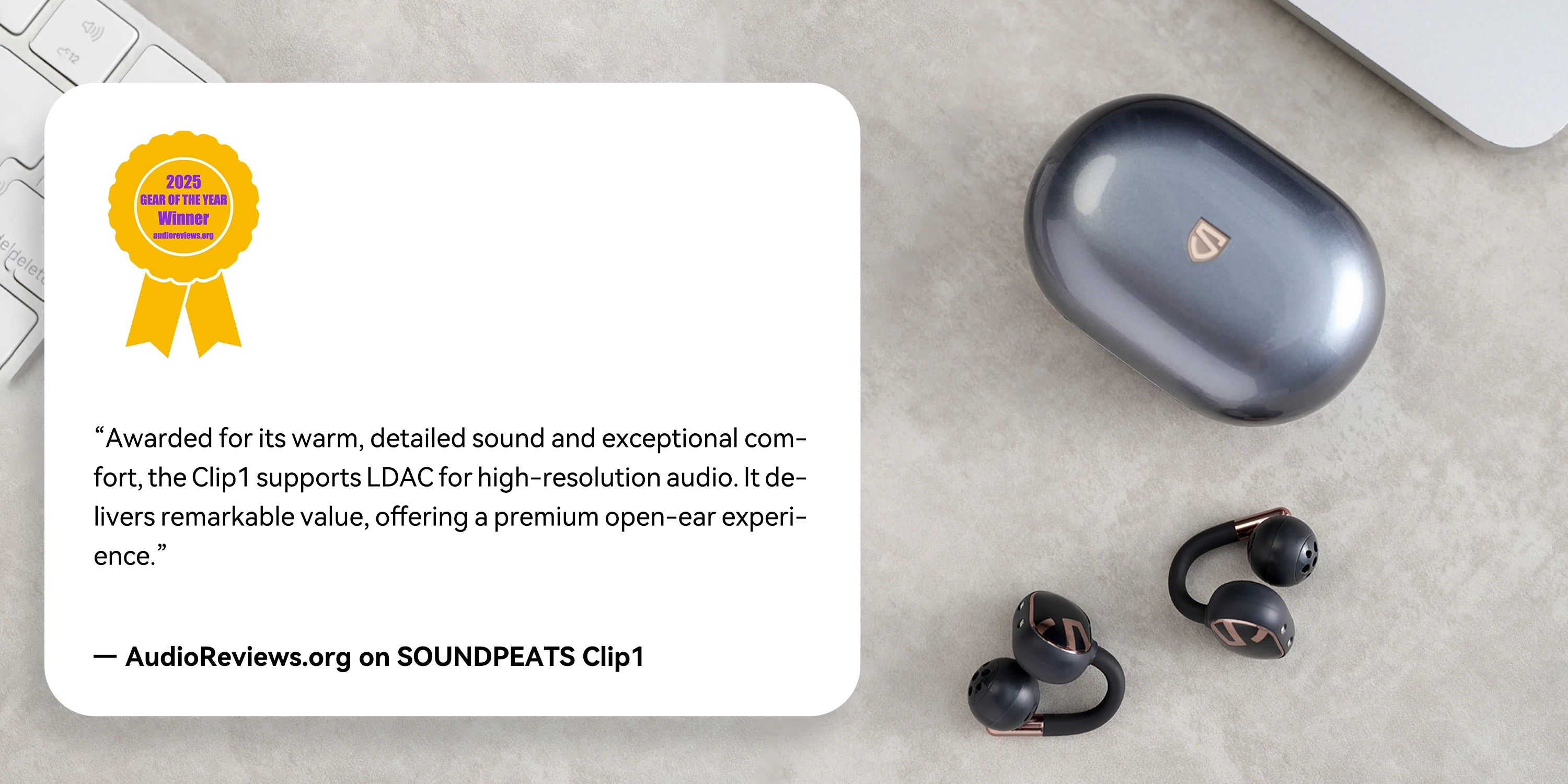 SoundPEATS Clip1 Open Ear Wireless Headsets Bluetooth 5.4 with Hi-Res LDAC & Dolby Audio, Comfort Clip On Sports Earphones IPX5