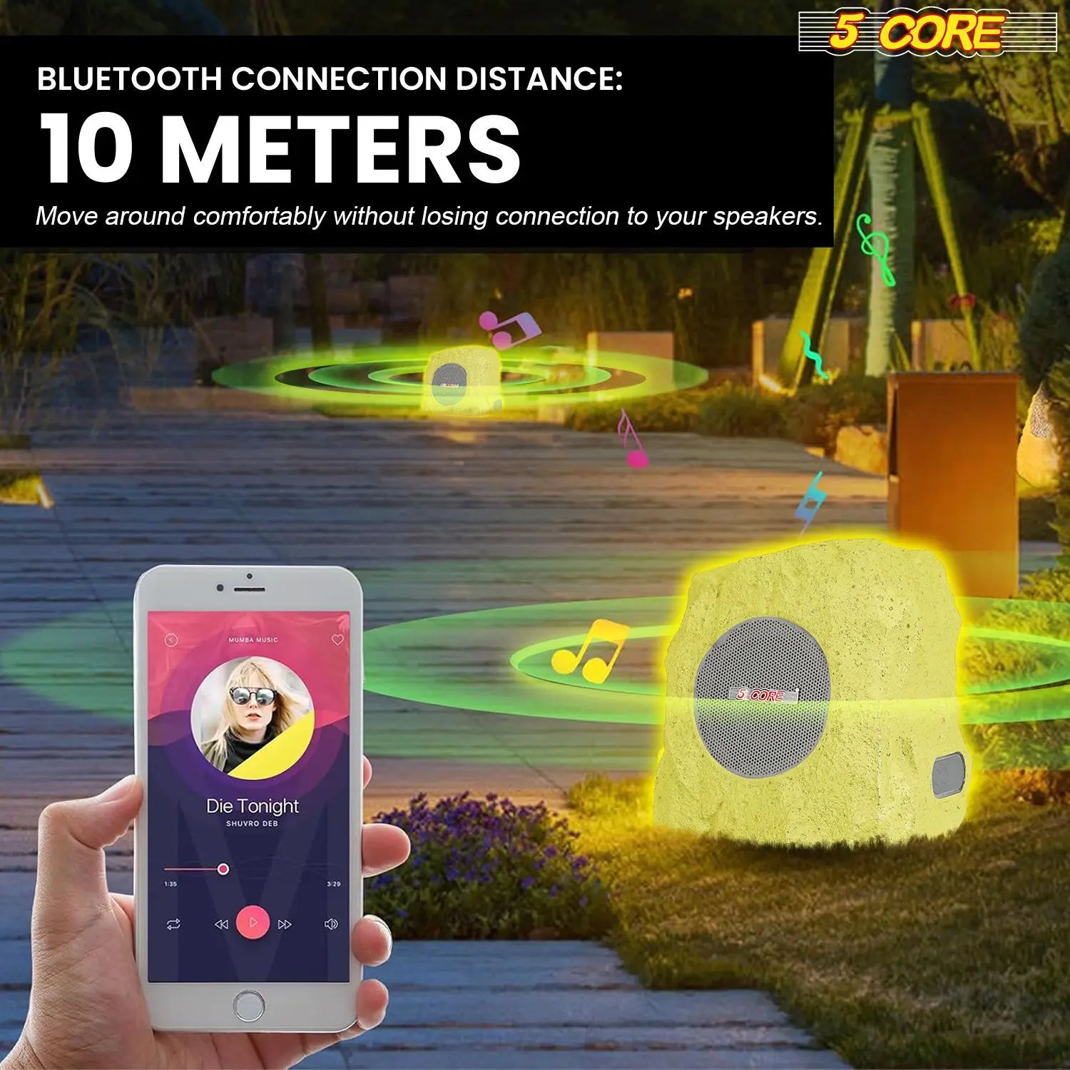 Rock Speaker Outdoor Waterproof Bluetooth Garden Speakers Solar & USB Charging RGB Colors for Patio Pool & Home