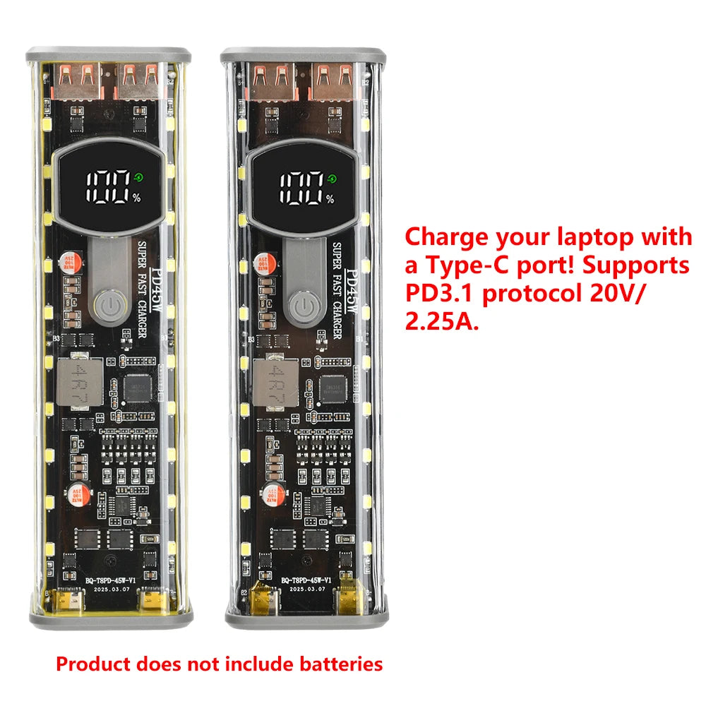 8*18650 Power Bank Battery Case 22.5W PD 45W Fast Charging Battery Storage Box Welding Free USB+Type-C Port