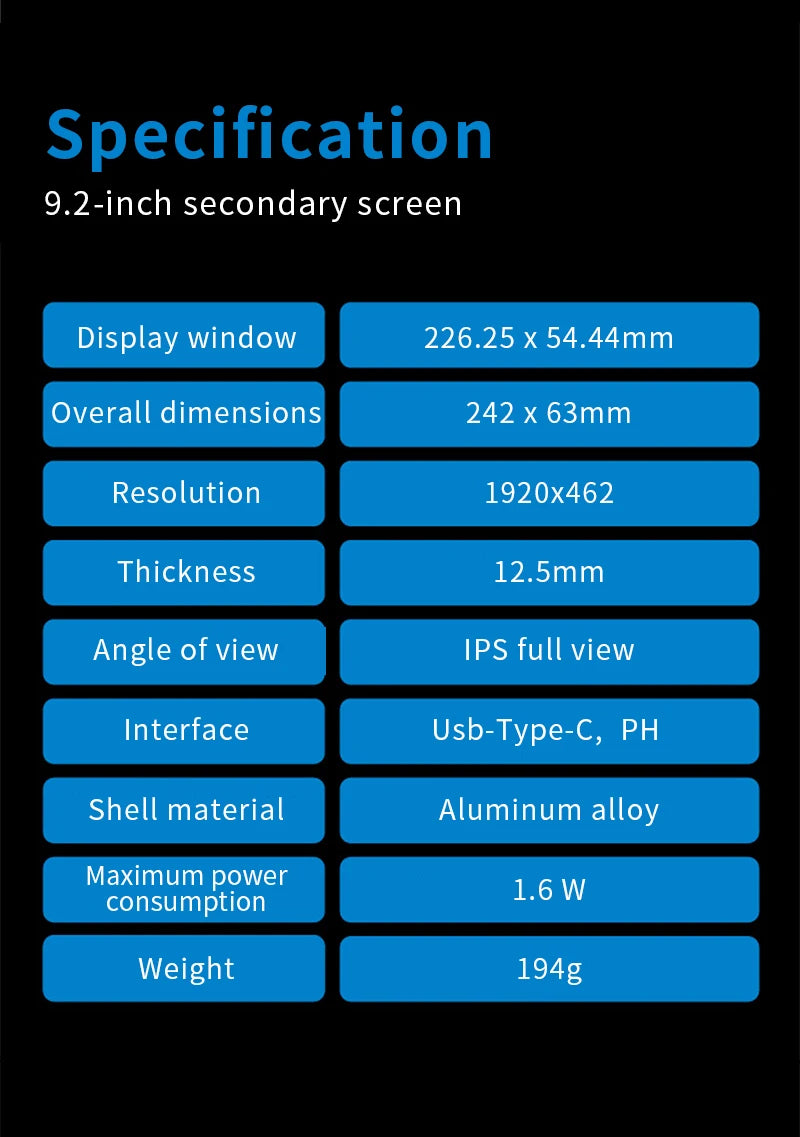 TURZX 9.2 Inch USB Secondary Screen 1920*462 IPS Smart Screen LCD CPU RAM HDD Weather Monitor Display No AIDA64