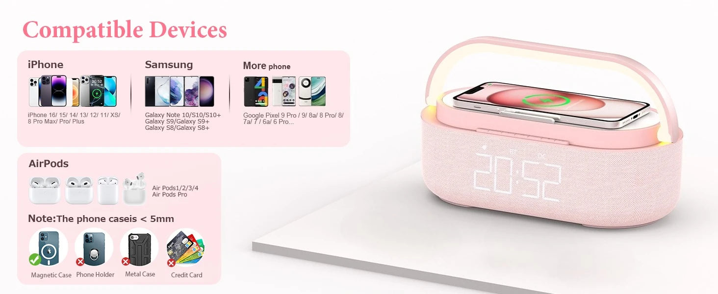2500mAh Bluetooth Speaker with Wireless Charger, FM Radio & Dimmable Light - Portable Dual Speaker for Bedroom, Office & Gifts