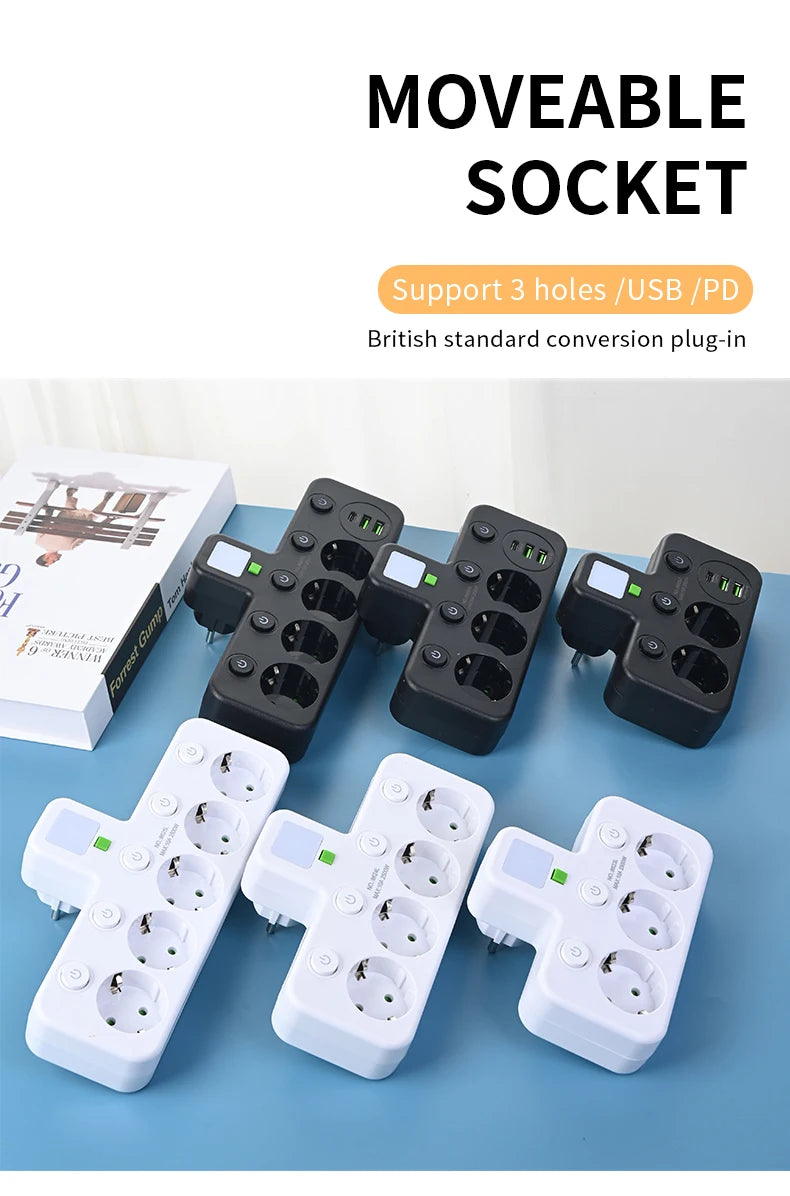 Wireless Wall Charger Socket with 3 AC Outlets +2 USB Ports+ 1 Type C 6-in-1 Plug Socket EU Plug Fast Charging power board