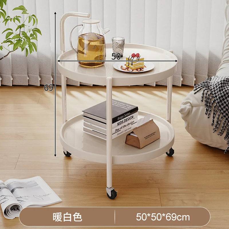 Solid Wood Rolling Cart Table Movable Side Wheels Compact Wooden Tea Trolley Living Room Portable Coffee Bedroom Bedside Storage