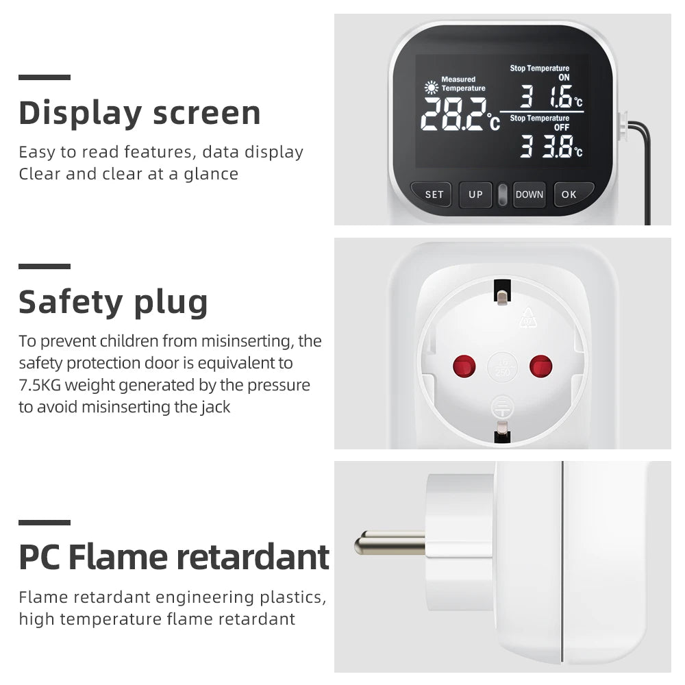 16A Thermostat Socket Multi-Function Temperature Controller Outlet with Timer Switch Sensor Probe Heating Cooling Switch
