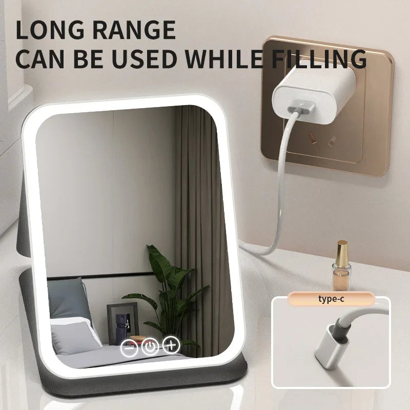 LED Dimmable Makeup Mirror Portable Foldable Design with Touch Screen 3 Colors Light Stepless USB Charging for Beauty Fashion