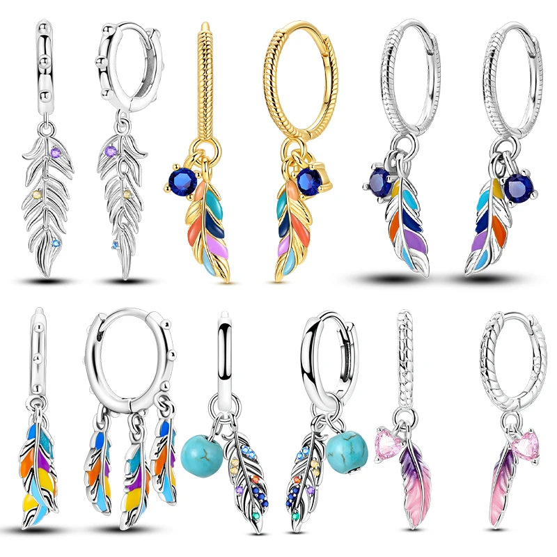 925 Sterling Silver Earrings Bohemian Colorful Feather Hoops Earrings With Zircon for Women Wedding Party Fashion Jewelry Gifts