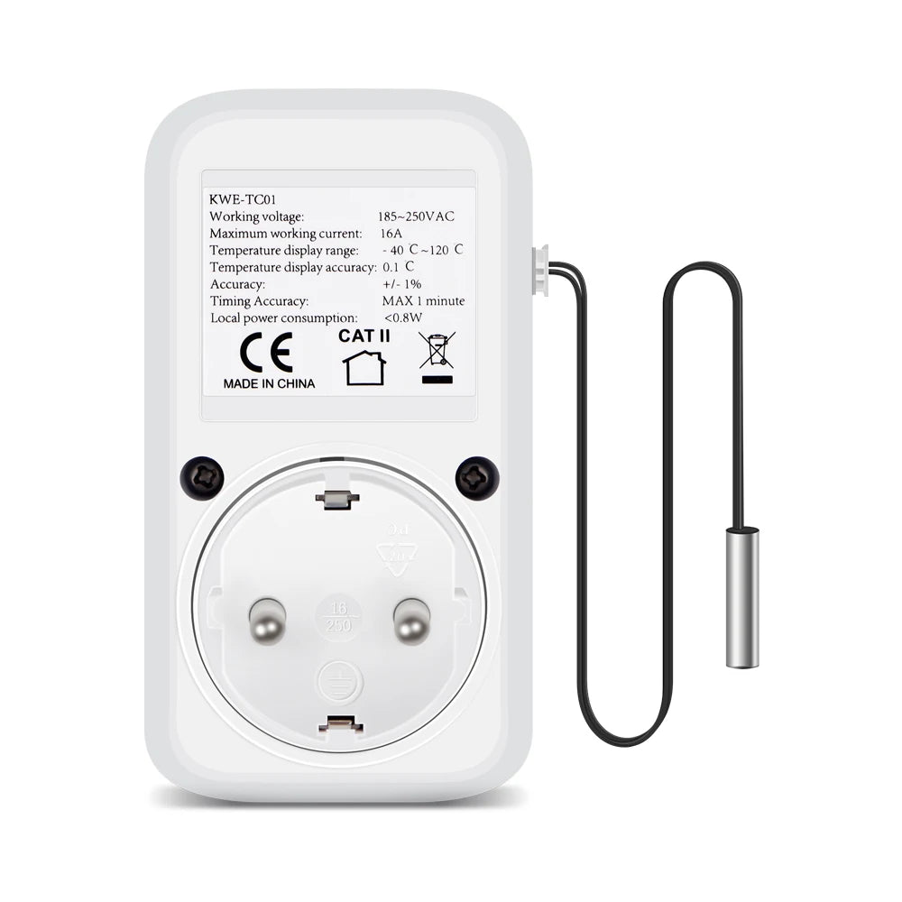 16A Thermostat Socket Multi-Function Temperature Controller Outlet with Timer Switch Sensor Probe Heating Cooling Switch