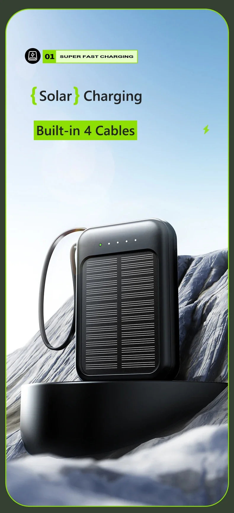 50000mAh Solar Power Bank Built Cables Solar Charger Poverbank 2 USB Port External Charger Mobile Phone Powerbank with LED Light