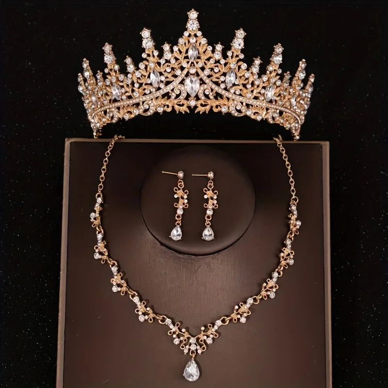 Bridal Headwear Luxury Silver-Color Crystal Water Drop Rhinestone Tiara Necklace Earrings Wedding 4 Pcs Jewelry Set