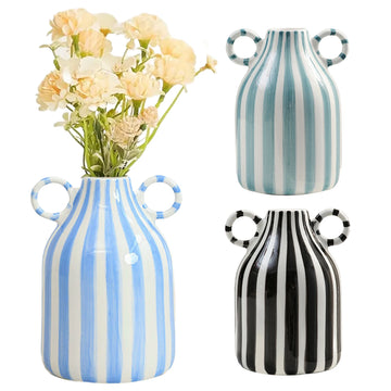 Nordic Style Art Vase Ornament Double Ear Striped Ceramic Vase Hydroponic Flower Cutting Bottle Home Decoration Flowerpot