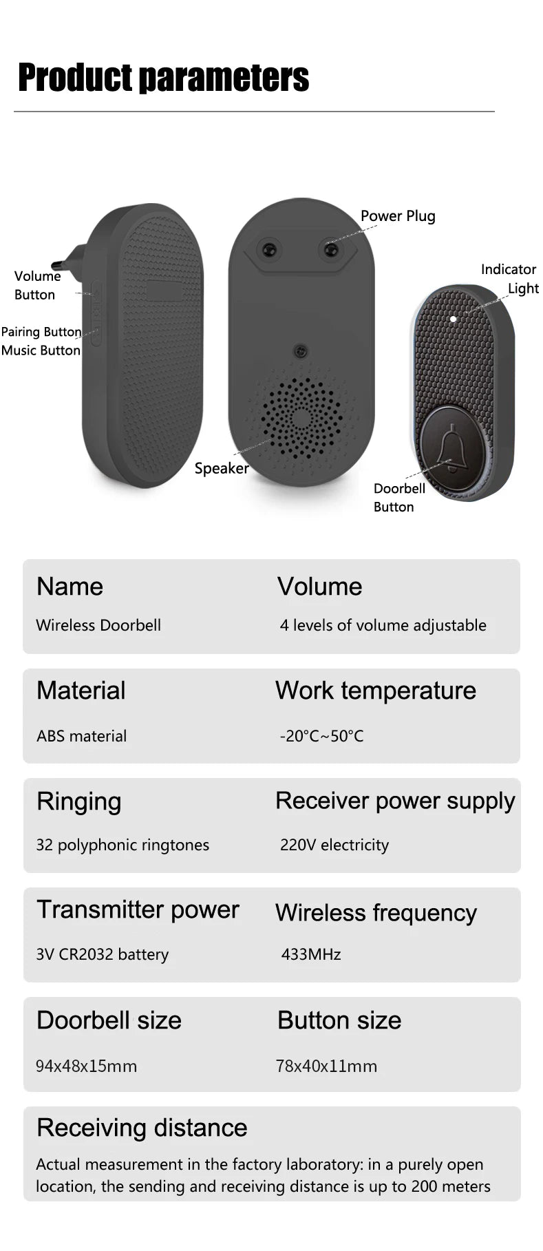 Smart Welcome Doorbell Wireless Door Bell Chime Guests Button 32 Songs Home Alarm Reminder Receiver Black Fashion