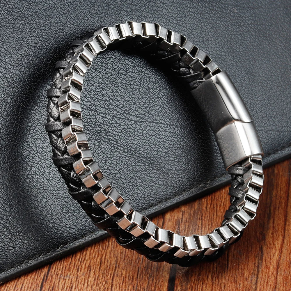 Classic Stainless Steel Leather Bracelet For Mens Chain Wristband Business Charm Jewelry Accessories for Dad Boyfriend