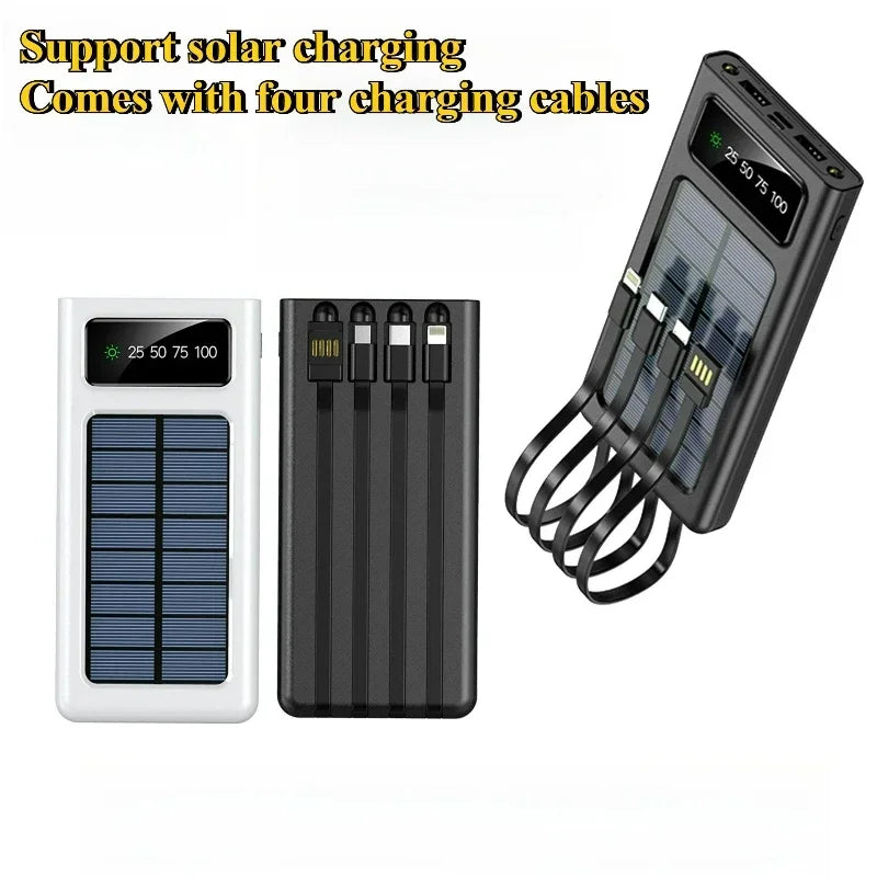 New 20000mAh Solar Power Bank Large Capacity Mobile Power Fast Charging Battery with Dual USB 4 Cables for IPhone Samsung Xiaomi