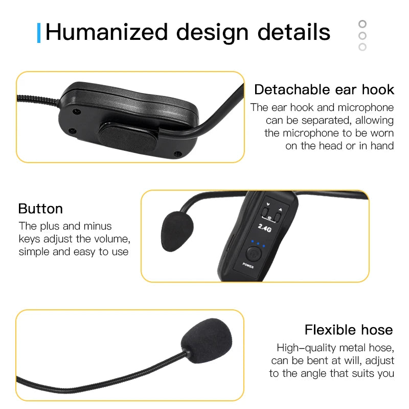 2.4G Head-mounted Wireless Microphones Headset Transmitter with Receiver For Voice Amplifier Speaker Teaching Tour Guide