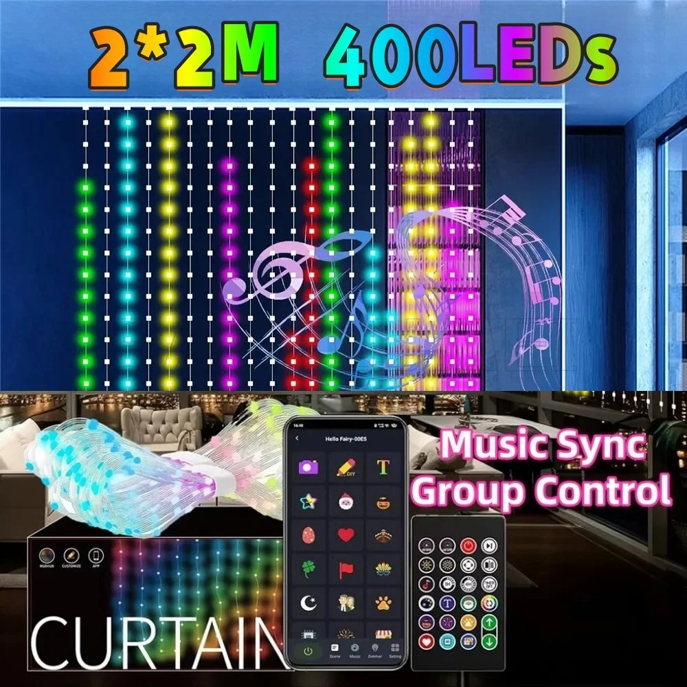 400LEDs 2X2Meters Smart Curtain Lights DIY Text LED String RGB Waterproof Fairy Lights Music Sync Display for Window Party Decor
