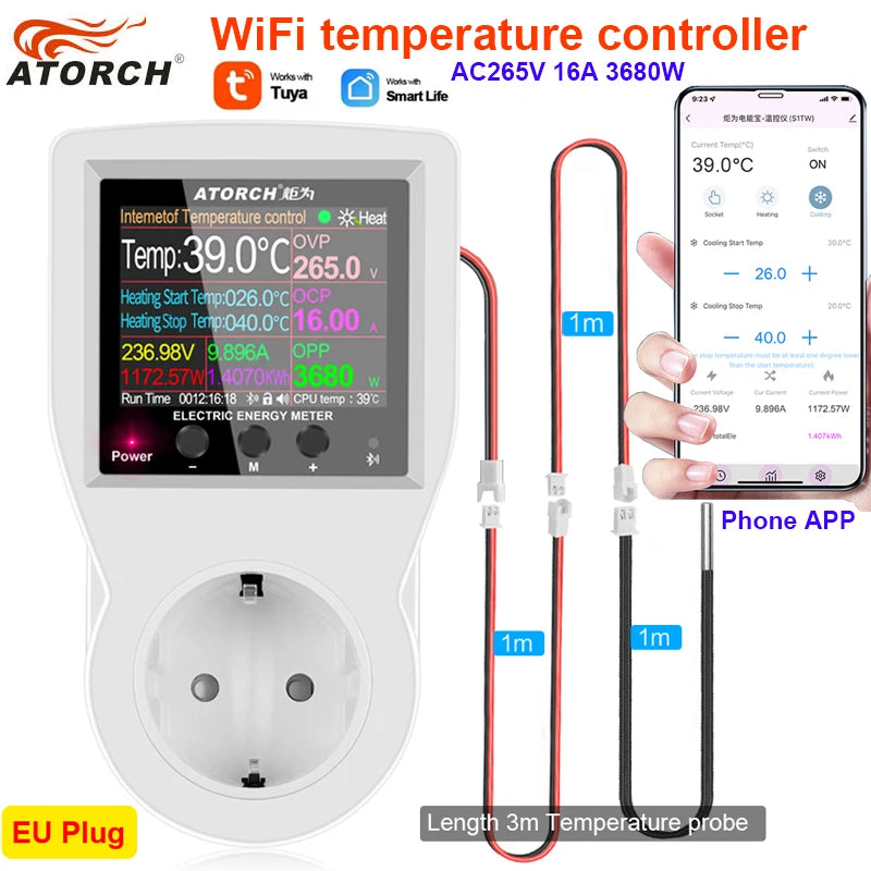 16A Tuya WIFI Digital Thermostat Socket Incubator AC220V Temperature Controller With Timer Switch Cooling Heating 3M NTC Sensor